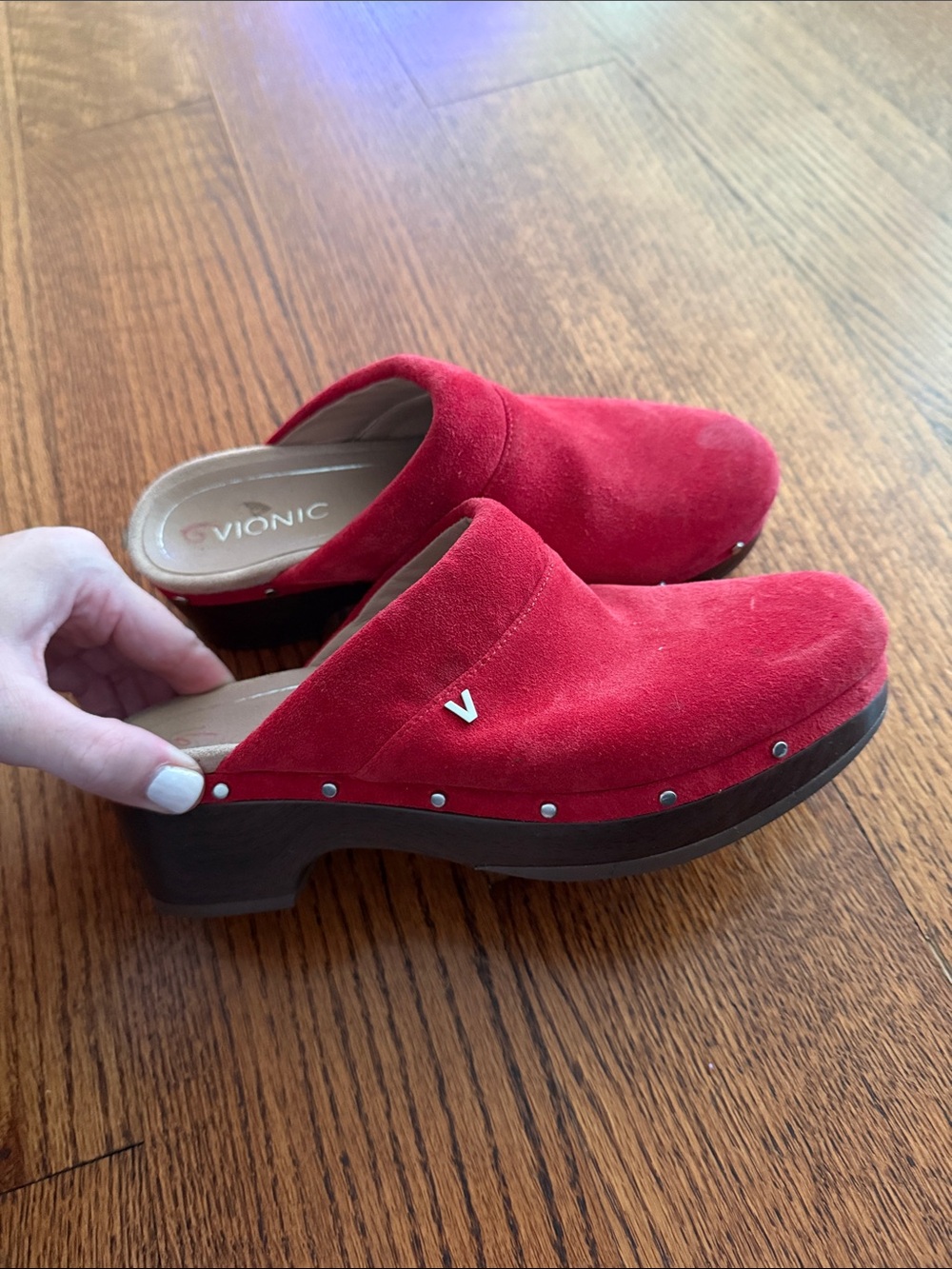 Vionic Red Suede Clog Mules with Wood-Look Heel